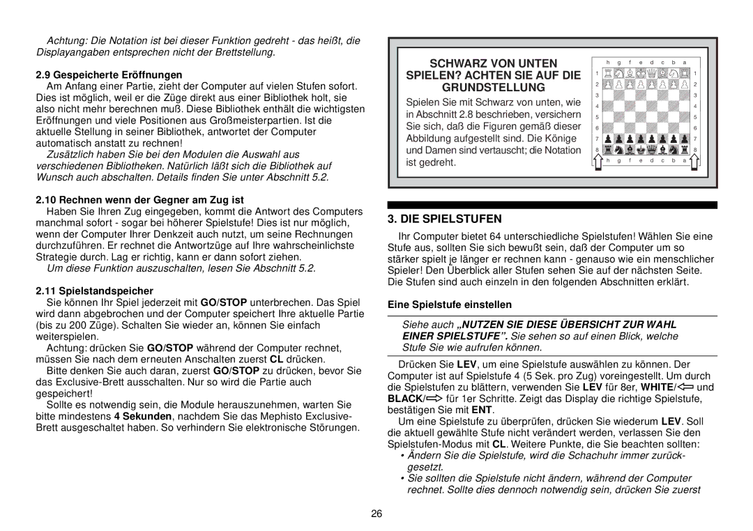 Saitek III manual DIE Spielstufen, Gespeicherte Eröffnungen, Rechnen wenn der Gegner am Zug ist, Spielstandspeicher 