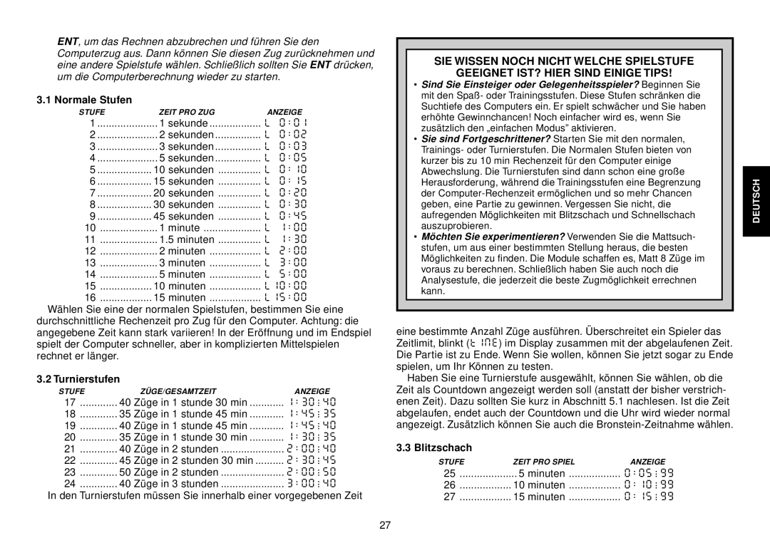 Saitek III manual Normale Stufen, Turnierstufen, Blitzschach 