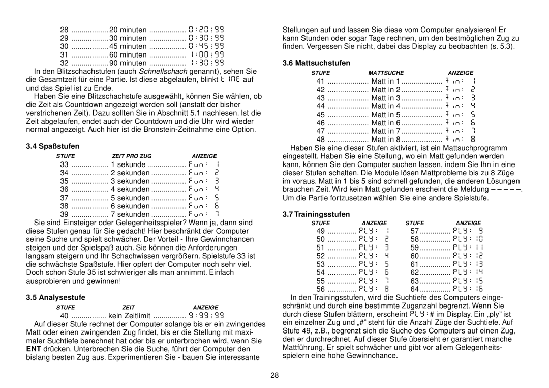 Saitek III manual Spaßstufen, Analysestufe, Kein Zeitlimit, Mattsuchstufen, Trainingsstufen 