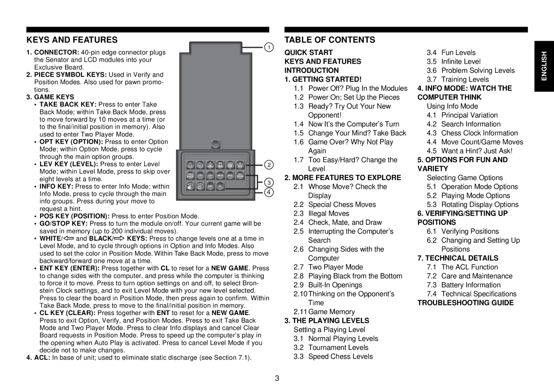 Saitek III manual Keys and Features, Table of Contents 