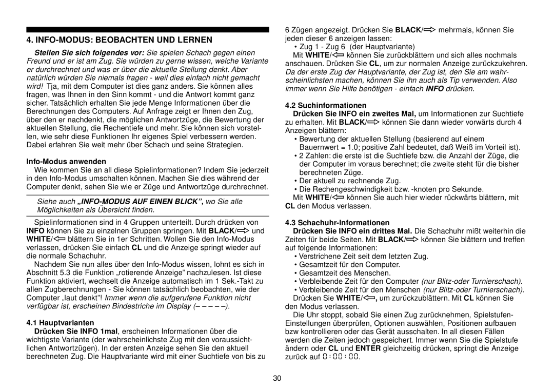 Saitek III manual INFO-MODUS Beobachten UND Lernen, Info-Modus anwenden, Hauptvarianten 