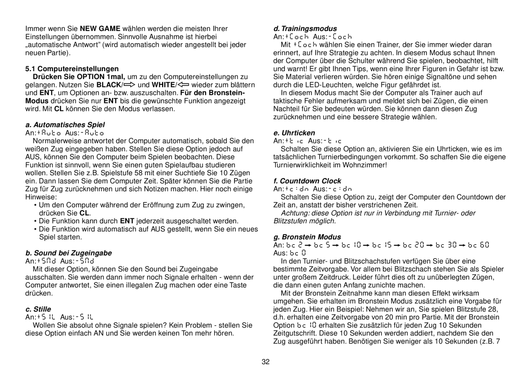 Saitek III manual Automatisches Spiel, Sound bei Zugeingabe, Stille, Trainingsmodus, Uhrticken, Bronstein Modus 