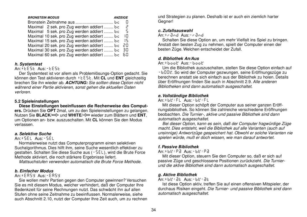 Saitek III manual Systemtest, Selektive Suche, Einfacher Modus, Zufallsauswahl, Bibliothek An/Aus, Vollständige Bibliothek 