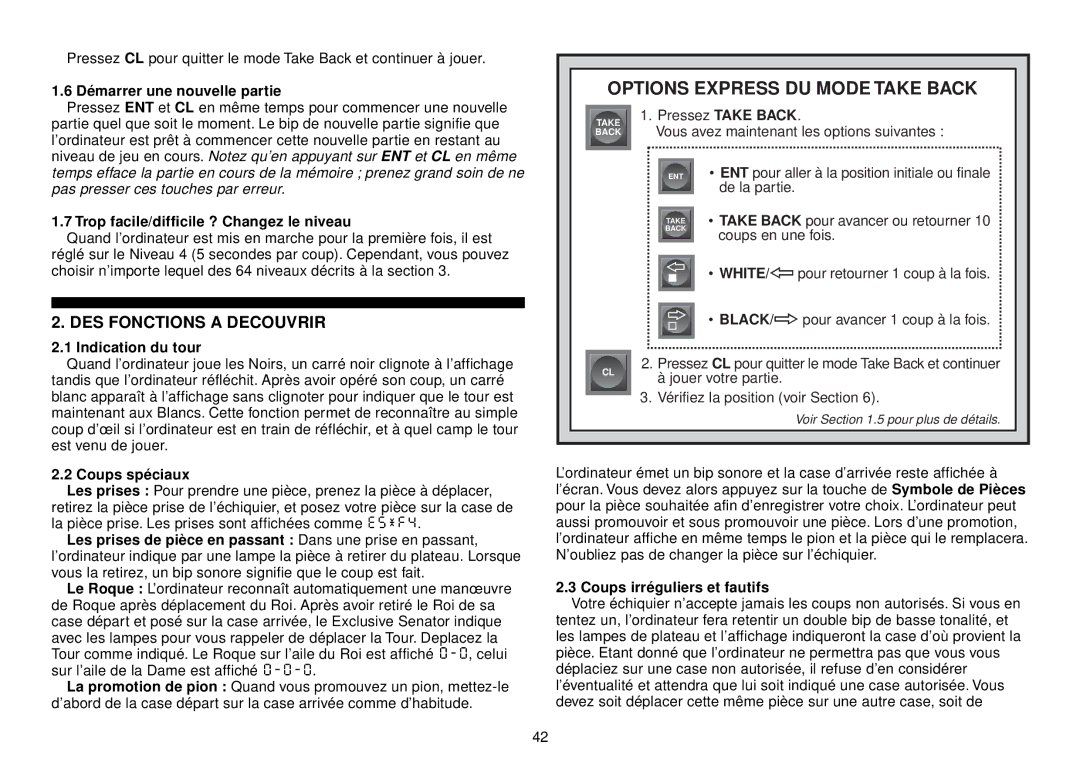 Saitek III manual Options Express DU Mode Take Back, DES Fonctions a Decouvrir 