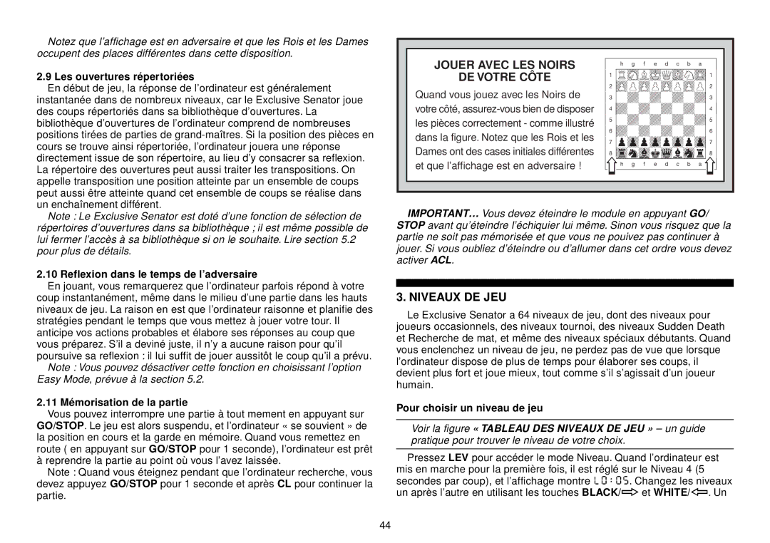 Saitek III manual Niveaux DE JEU, Les ouvertures répertoriées, Reflexion dans le temps de l’adversaire 