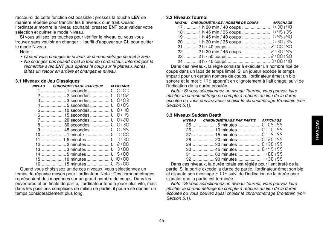 Saitek III manual Niveaux de Jeu Classiques, Niveaux Tournoi, Niveaux Sudden Death 