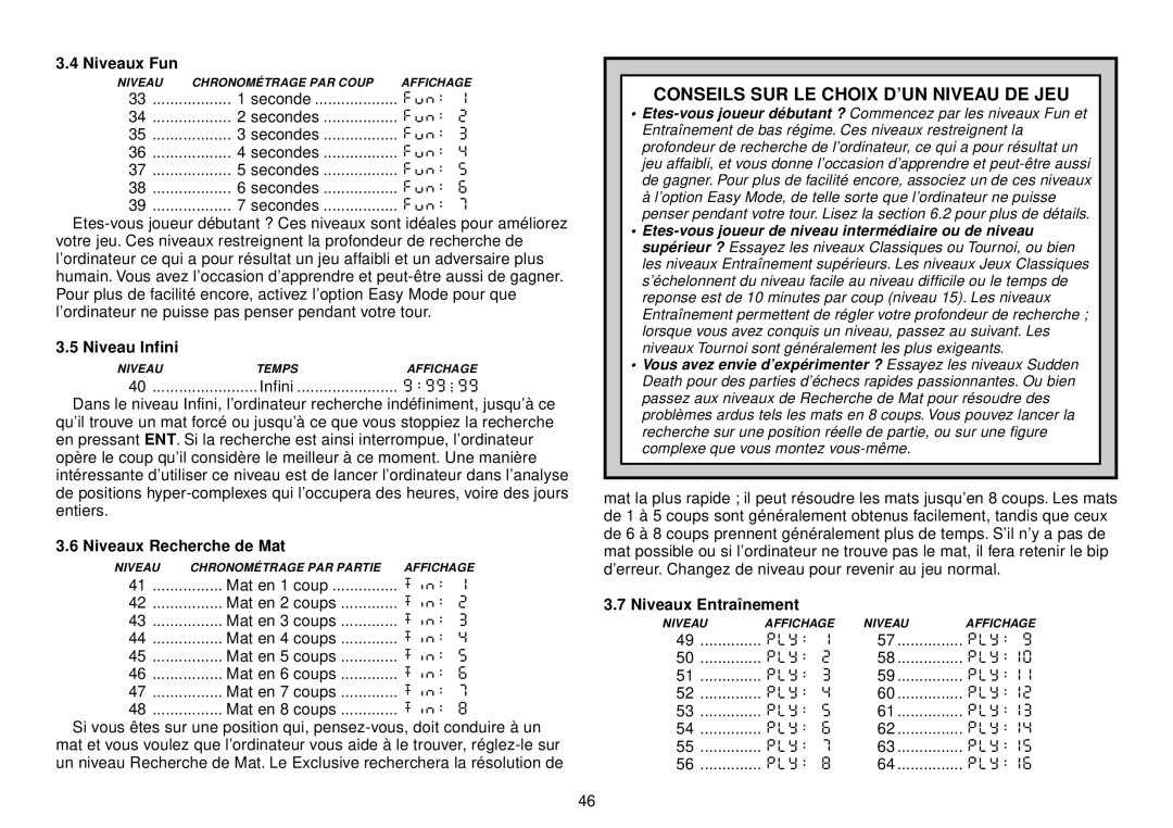 Saitek III manual Conseils SUR LE Choix D’UN Niveau DE JEU, Infini 