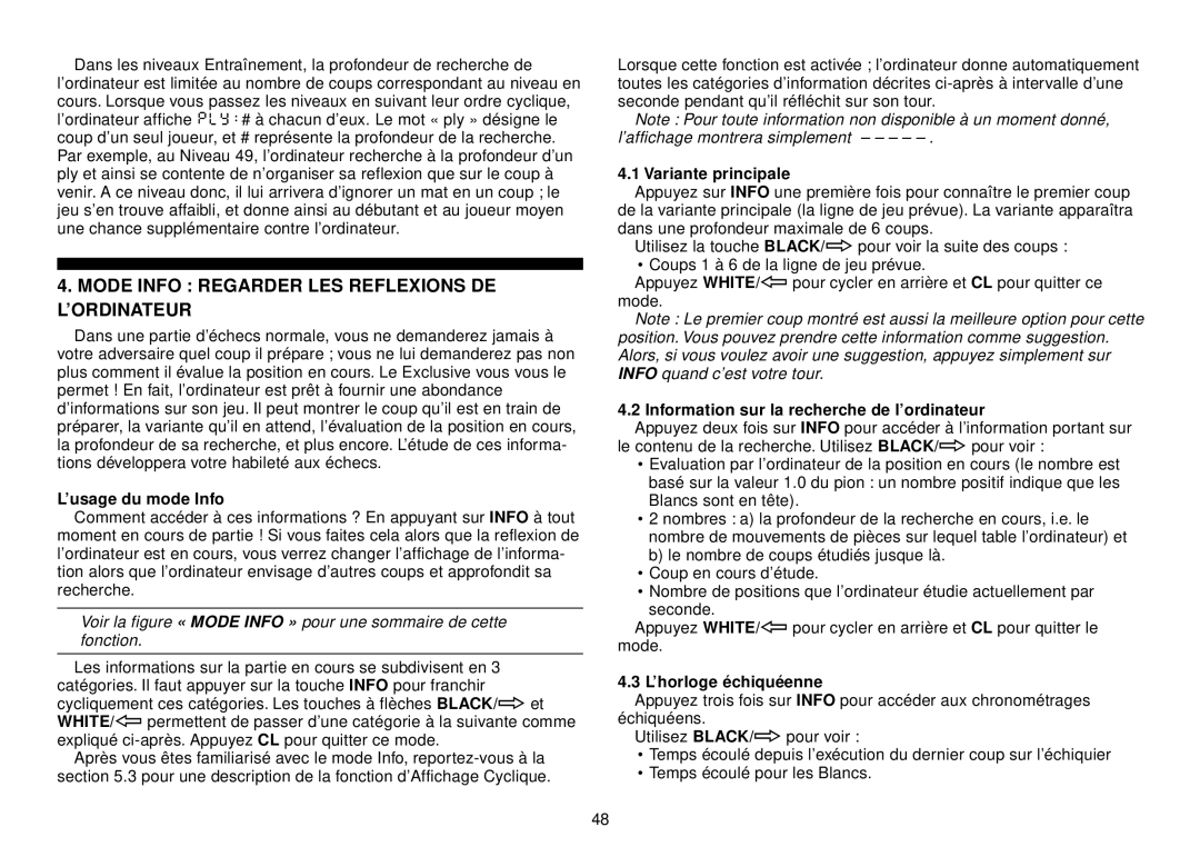 Saitek III manual Mode Info Regarder LES Reflexions DE L’ORDINATEUR, ’usage du mode Info, Variante principale 