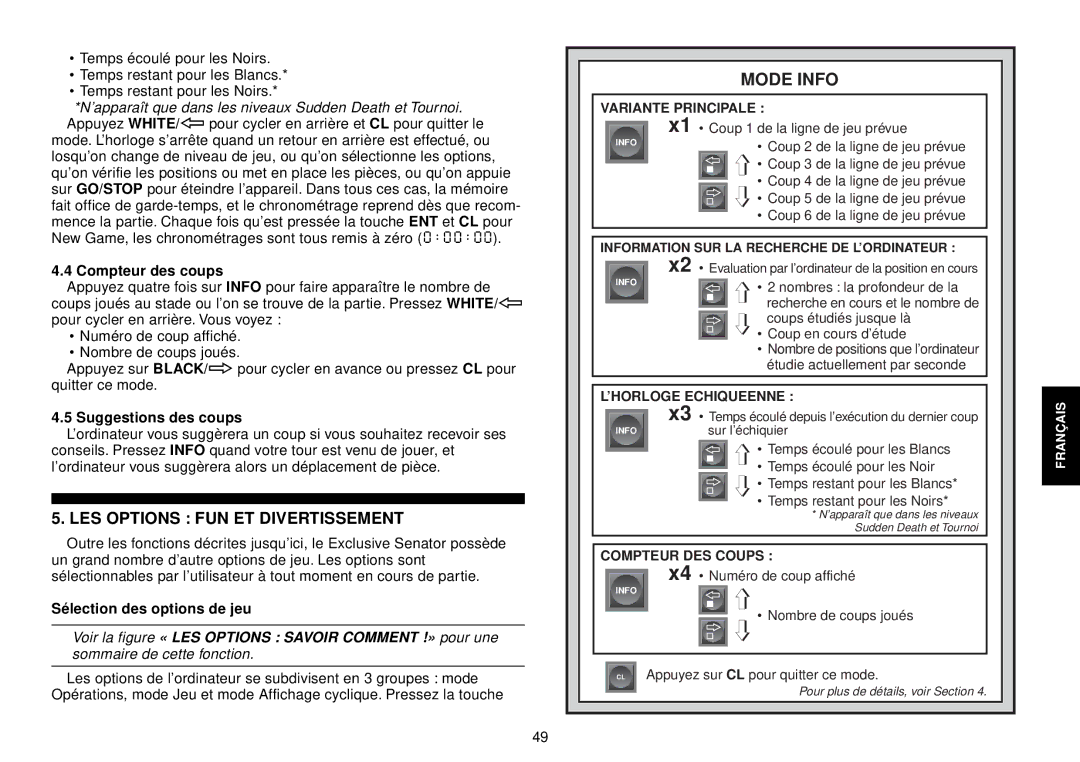 Saitek III manual Mode Info, LES Options FUN ET Divertissement, Compteur des coups, Suggestions des coups 