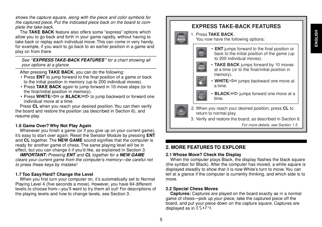 Saitek III manual Express TAKE-BACK Features, More Features to Explore 