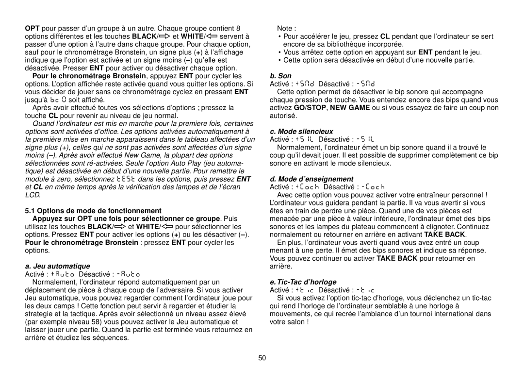 Saitek III manual Jeu automatique, Mode silencieux, Mode d’enseignement, Tic-Tac d’horloge 