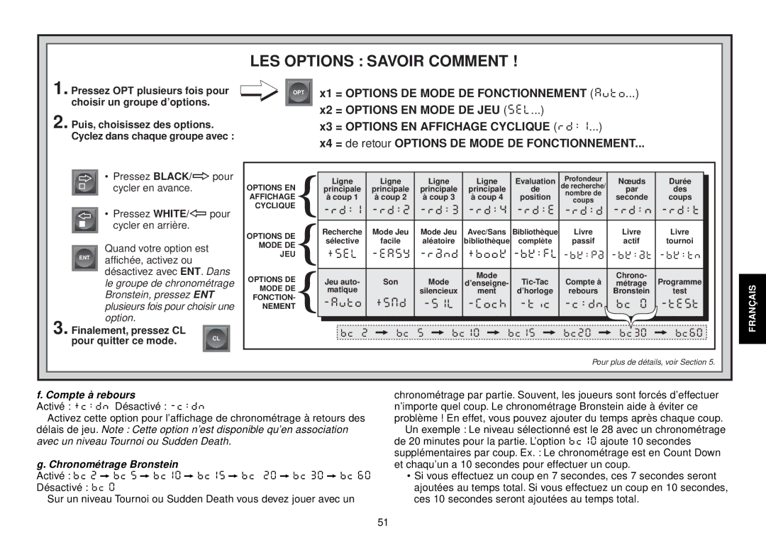 Saitek III manual Compte à rebours, Chronométrage Bronstein 