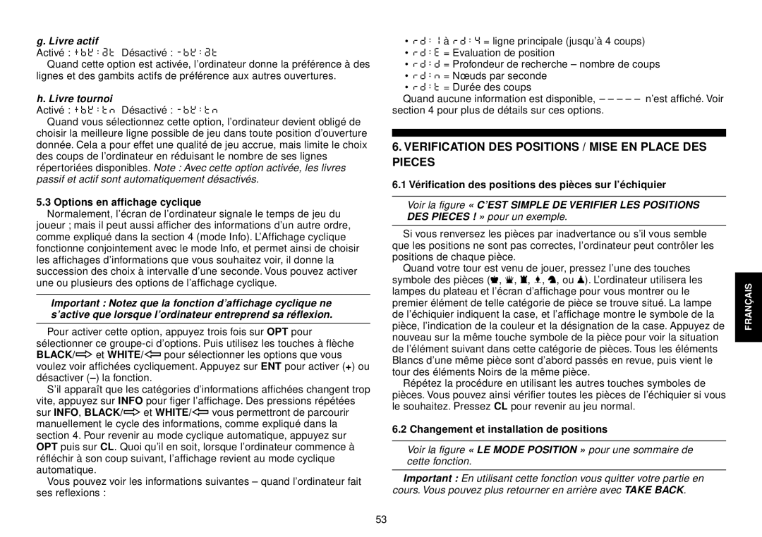 Saitek III manual Verification DES Positions / Mise EN Place DES Pieces, Livre actif, Livre tournoi 