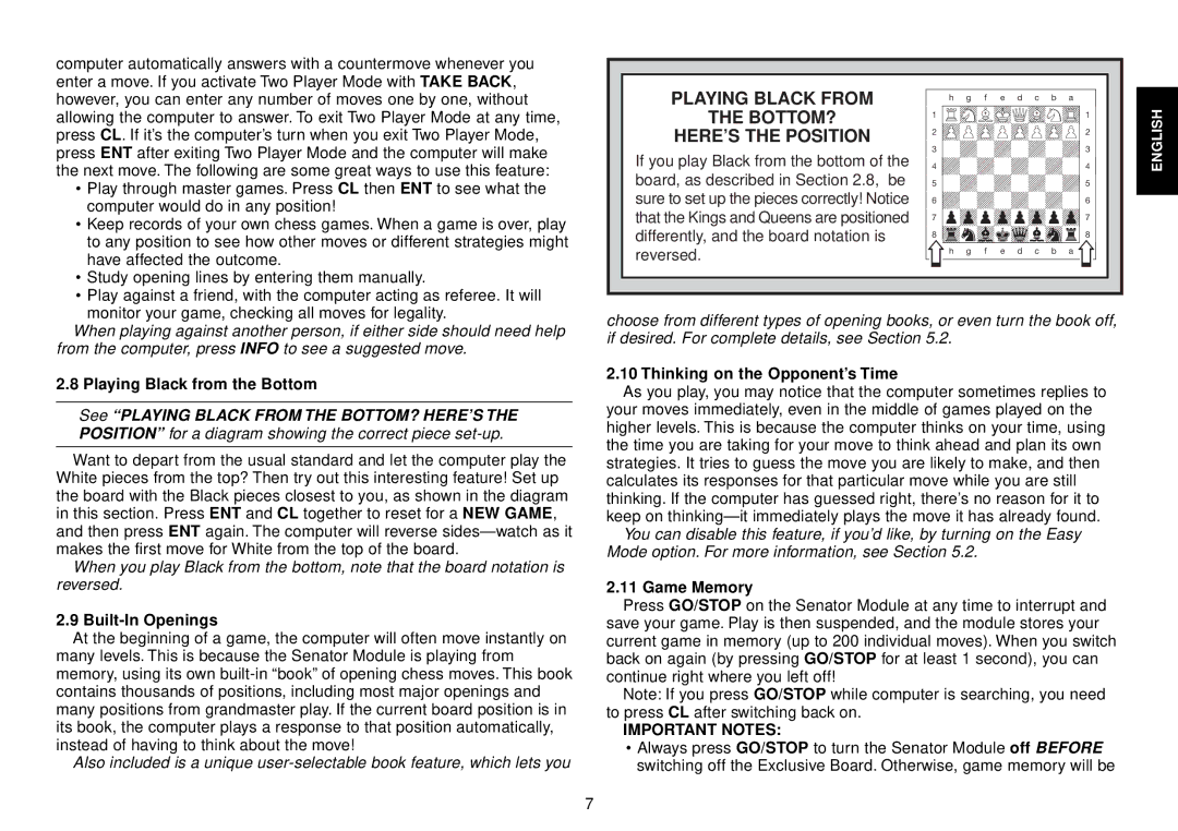 Saitek III manual Playing Black from the Bottom, Built-In Openings, Thinking on the Opponent’s Time, Game Memory 