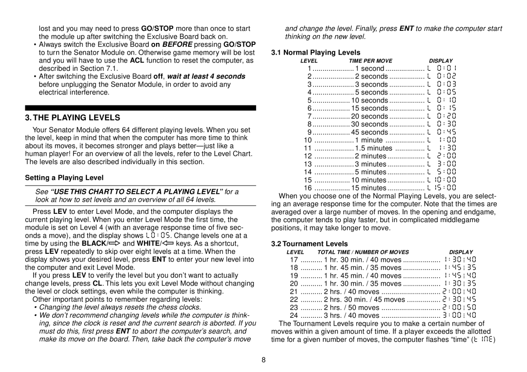 Saitek III manual Setting a Playing Level, Normal Playing Levels, Tournament Levels 