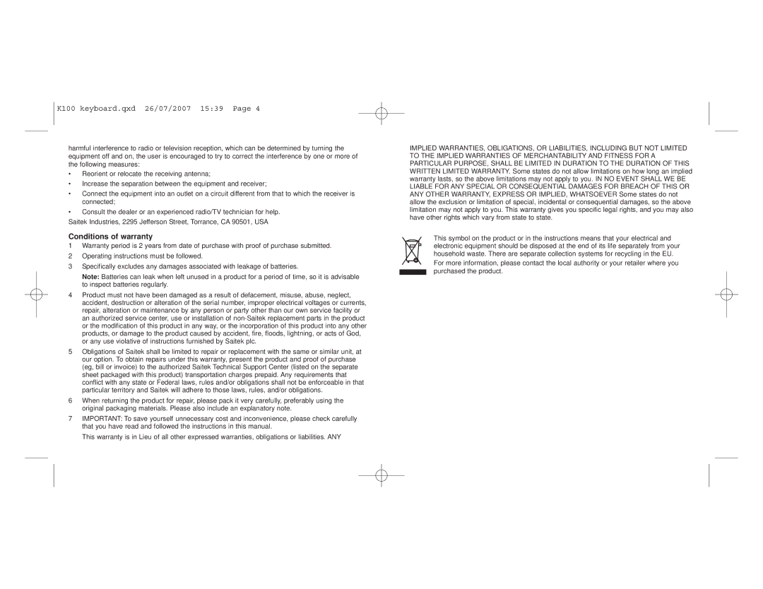 Saitek K100 user manual Conditions of warranty 