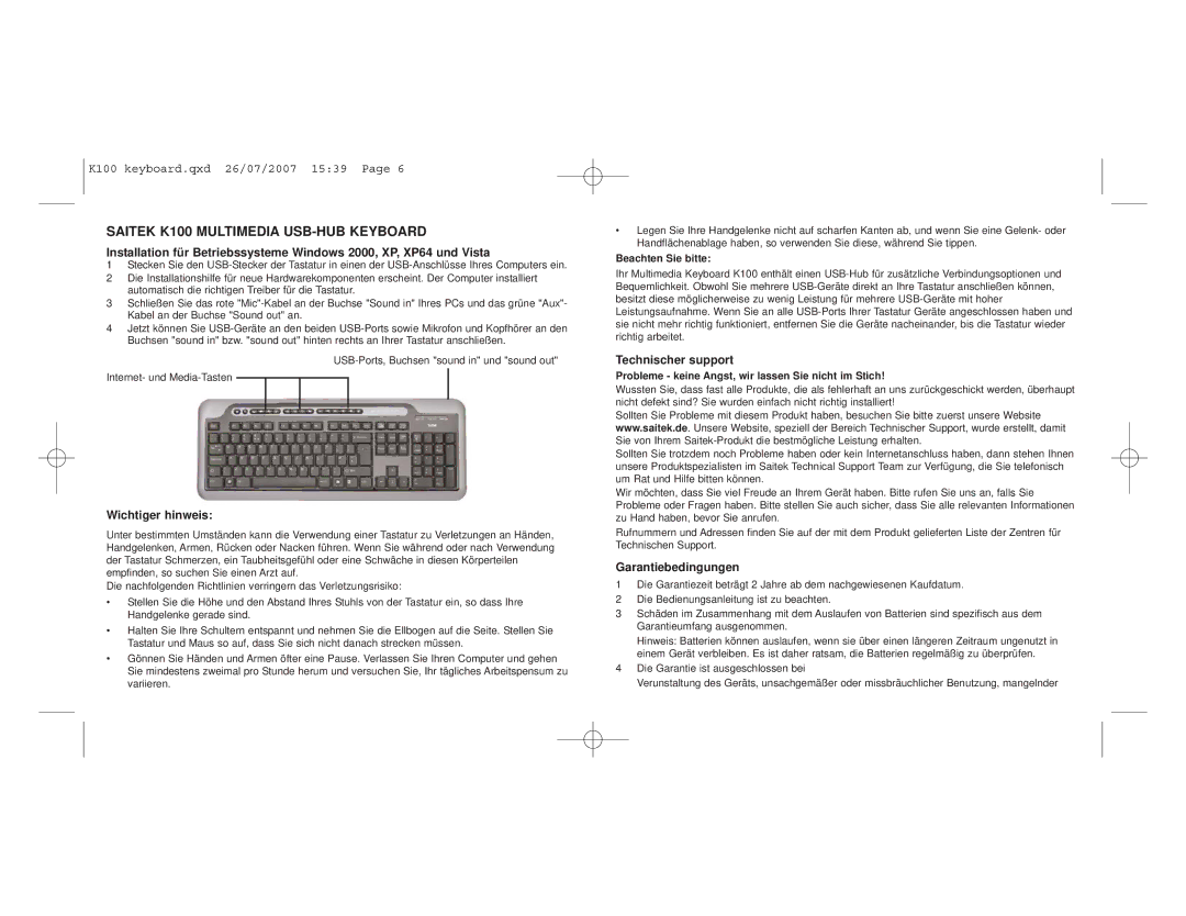 Saitek user manual Saitek K100 Multimedia USB-HUB Keyboard, Wichtiger hinweis, Technischer support, Garantiebedingungen 