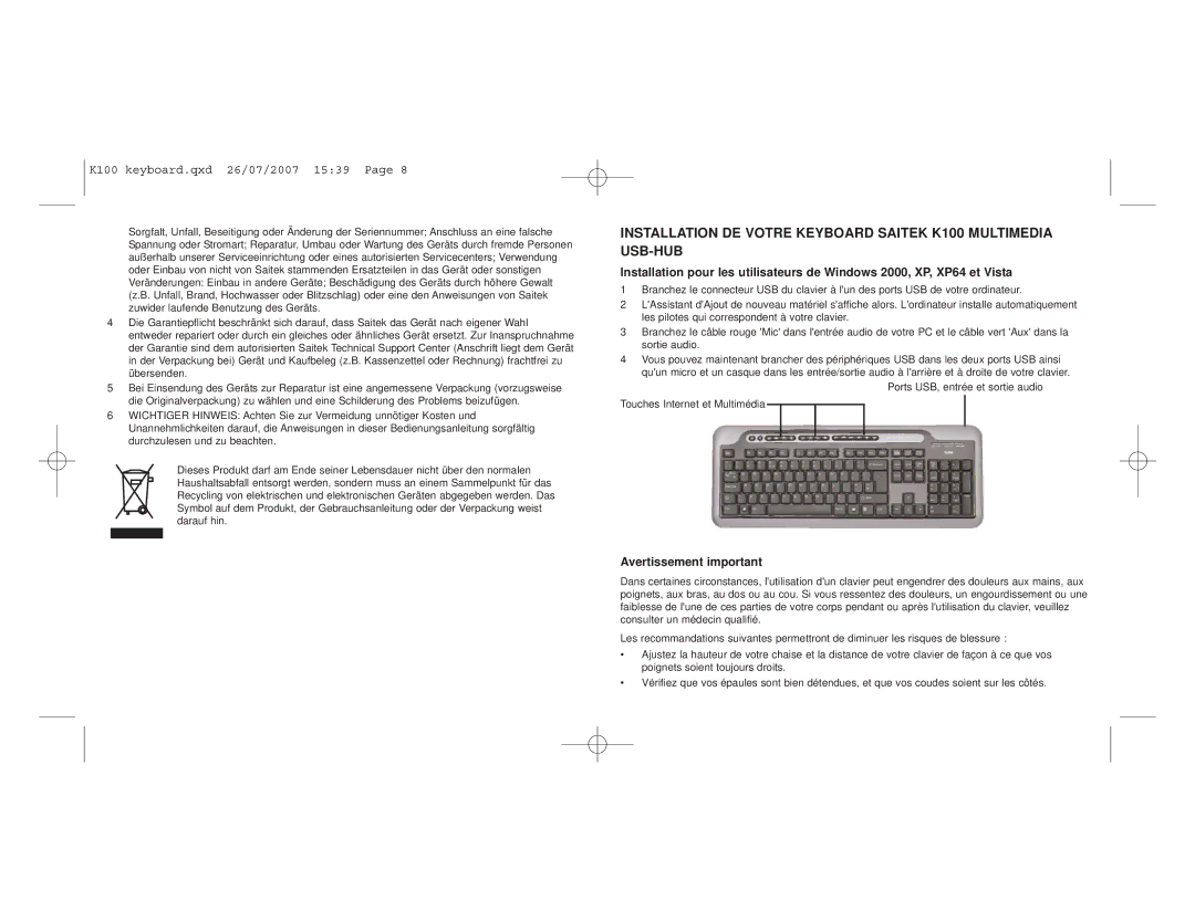 Saitek K100 user manual Avertissement important 