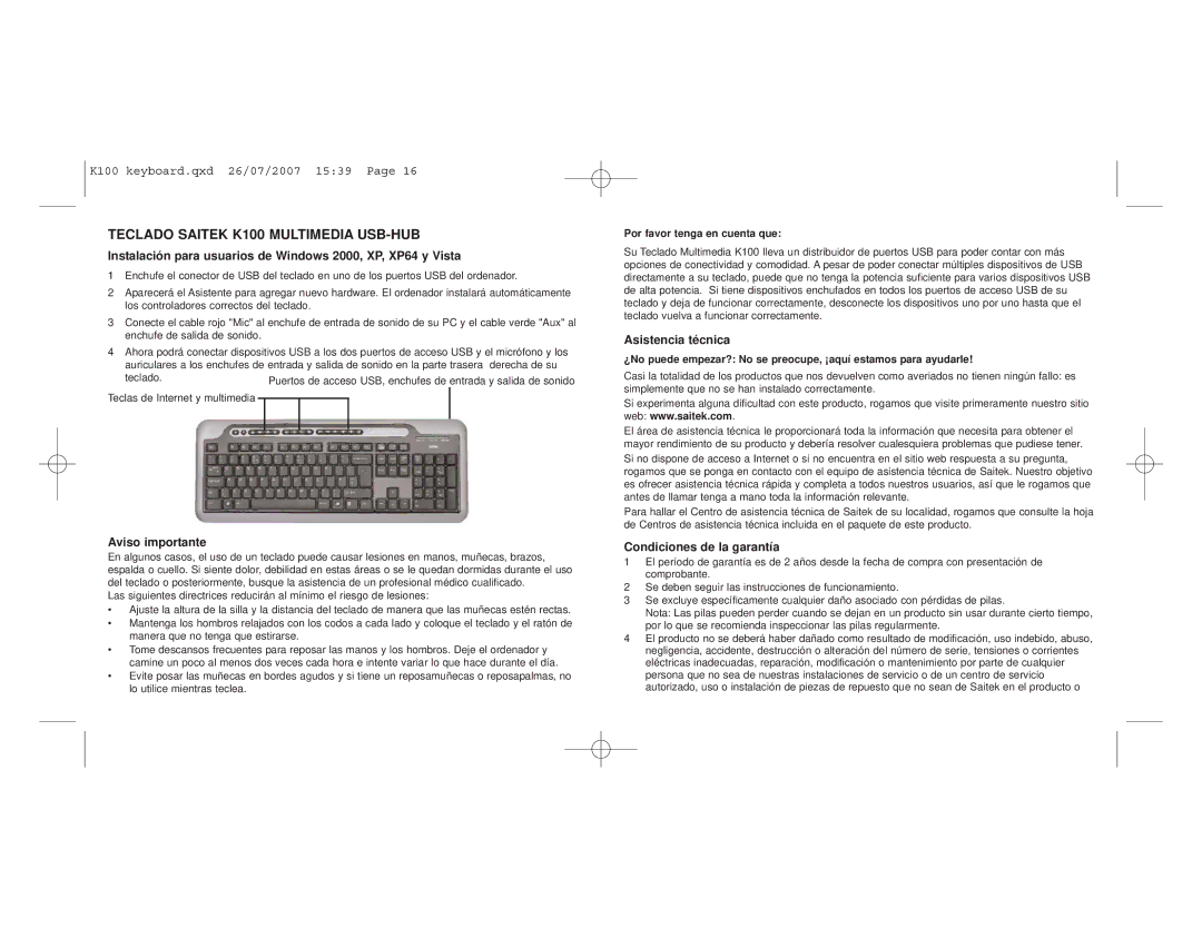 Saitek user manual Teclado Saitek K100 Multimedia USB-HUB, Instalación para usuarios de Windows 2000, XP, XP64 y Vista 