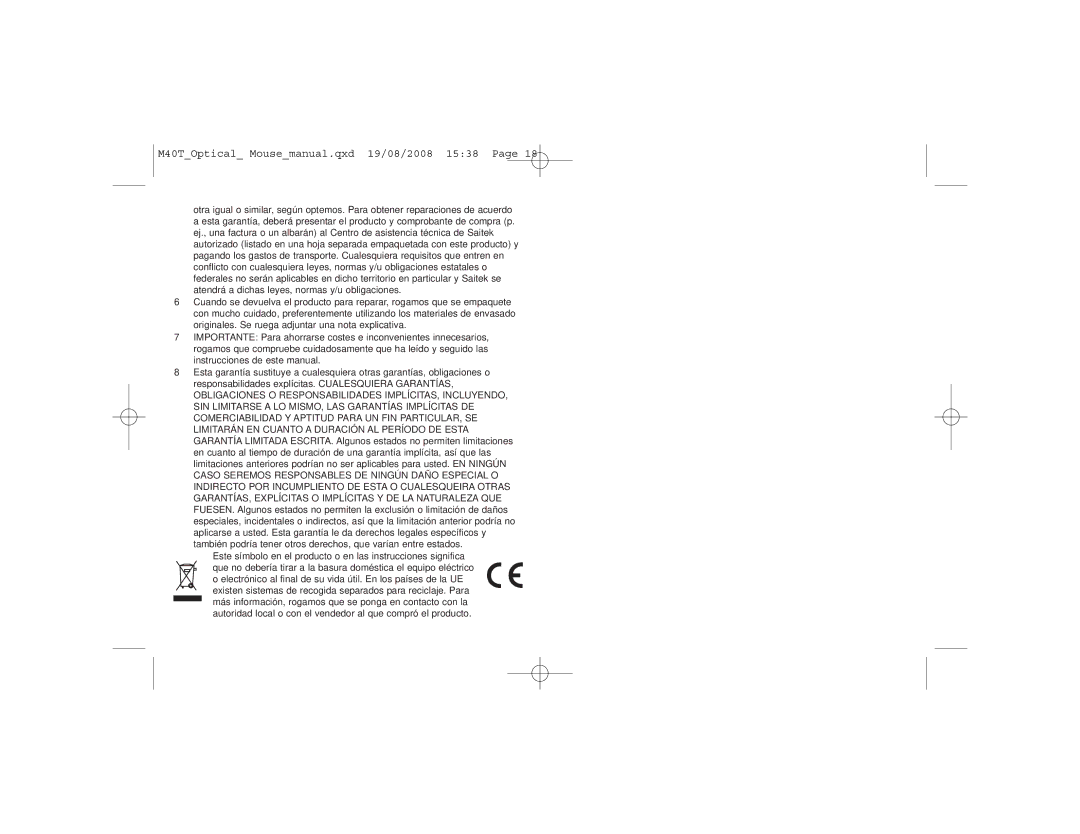 Saitek user manual M40TOptical Mousemanual.qxd 19/08/2008 1538 