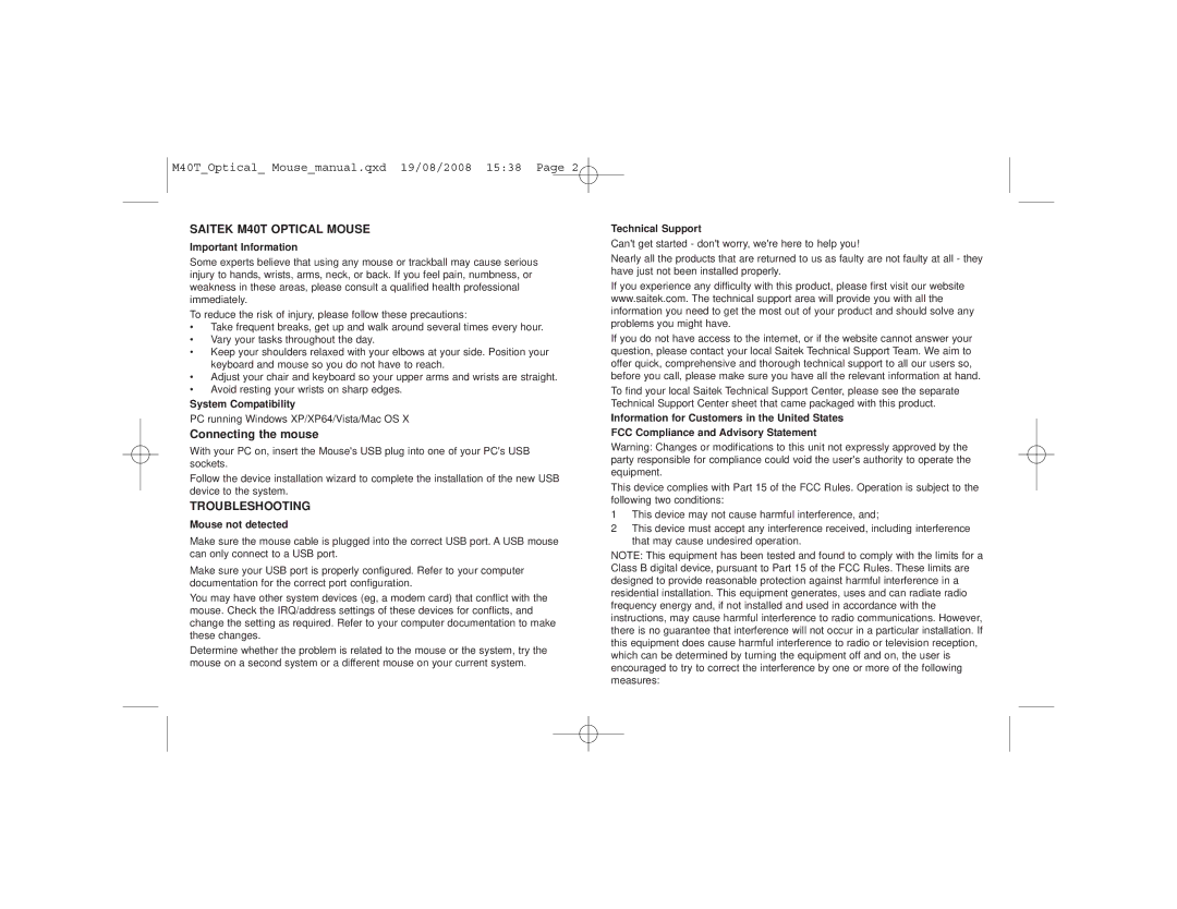 Saitek user manual Saitek M40T Optical Mouse, Troubleshooting 