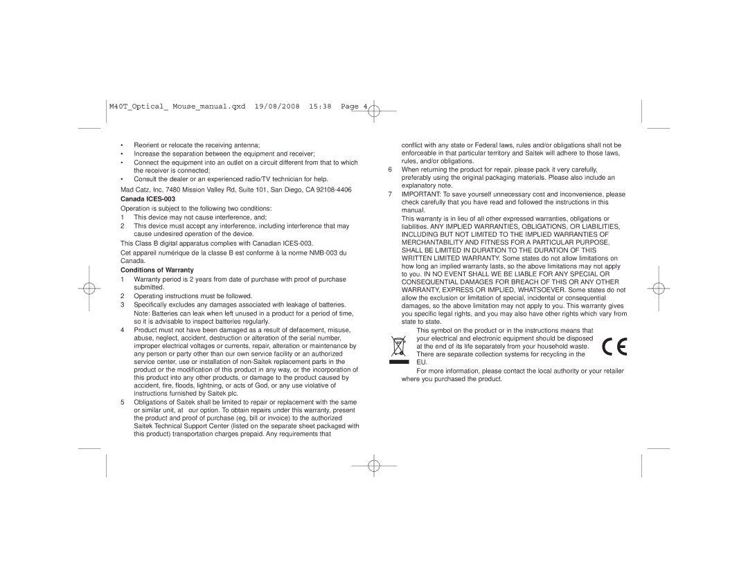 Saitek M40T user manual Canada ICES-003, Conditions of Warranty 