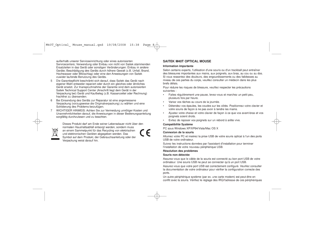 Saitek M40T user manual Information importante, Compatibilité Système, Connexion de la souris 