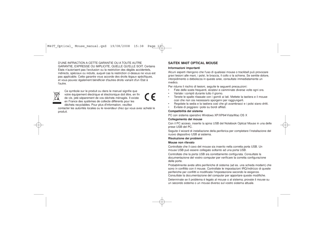 Saitek M40T user manual Informazioni importanti, Compatibilità del sistema, Collegamento del mouse 