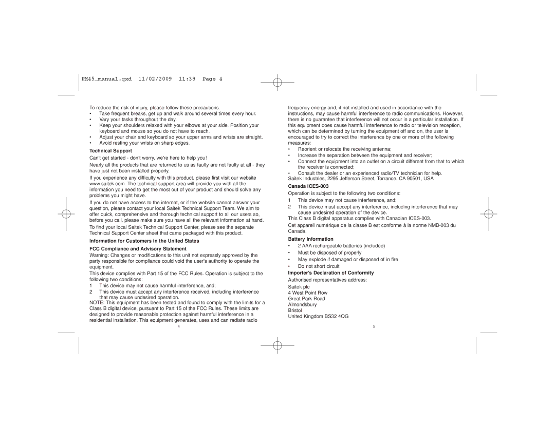 Saitek M80X user manual Technical Support, Canada ICES-003, Battery Information, Importers Declaration of Conformity 