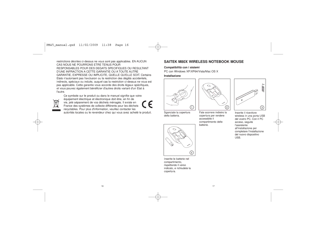 Saitek M80X user manual Compatibilità con i sistemi, Installazione 