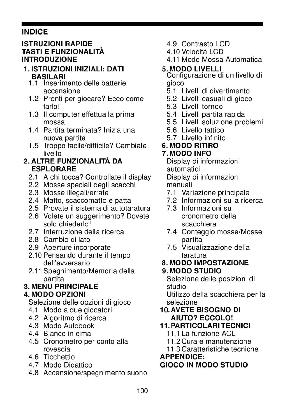 Saitek Maestro Travel Chess Computer manual Indice, Istruzioni Iniziali Dati Modo Livelli Basilari 