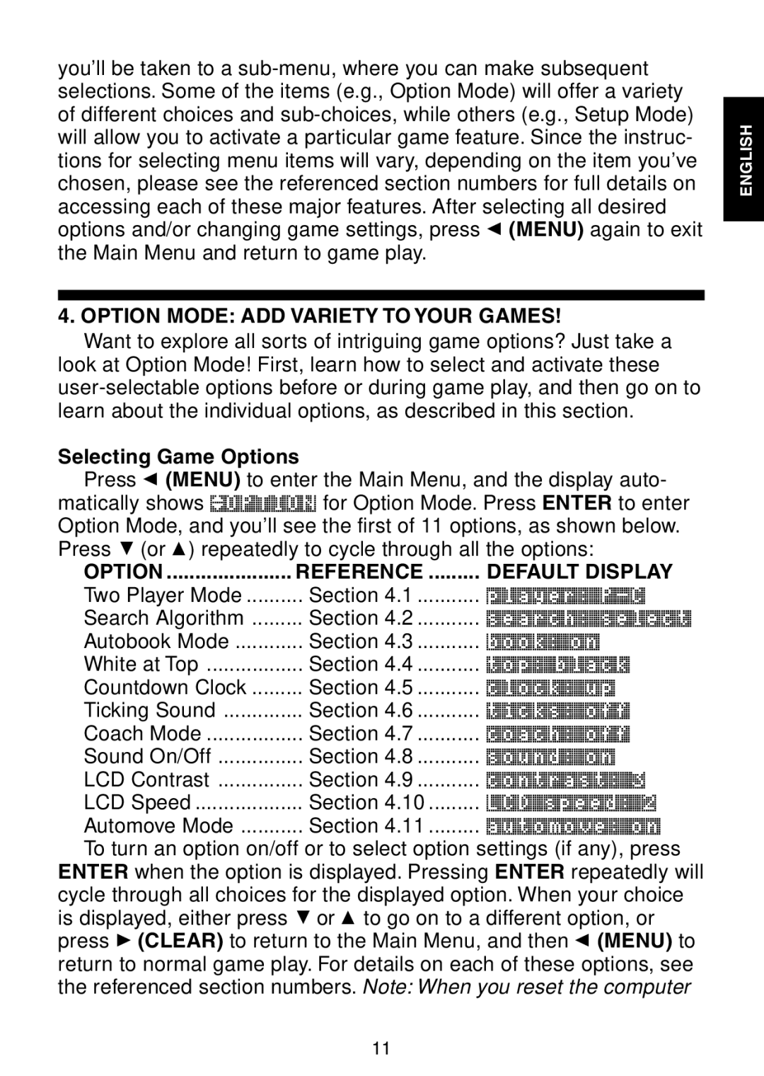 Saitek Maestro Travel Chess Computer manual Option Mode ADD Variety to Your Games, Selecting Game Options 