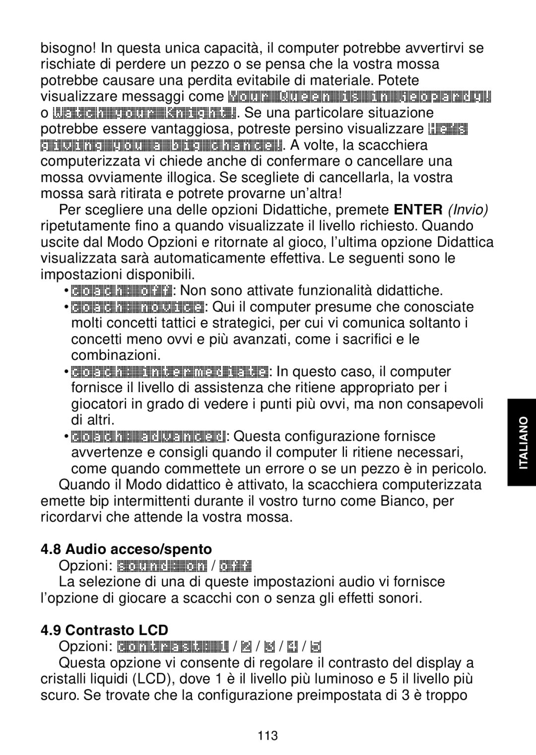 Saitek Maestro Travel Chess Computer manual Audio acceso/spento Opzioni sound on / off, Contrasto LCD 