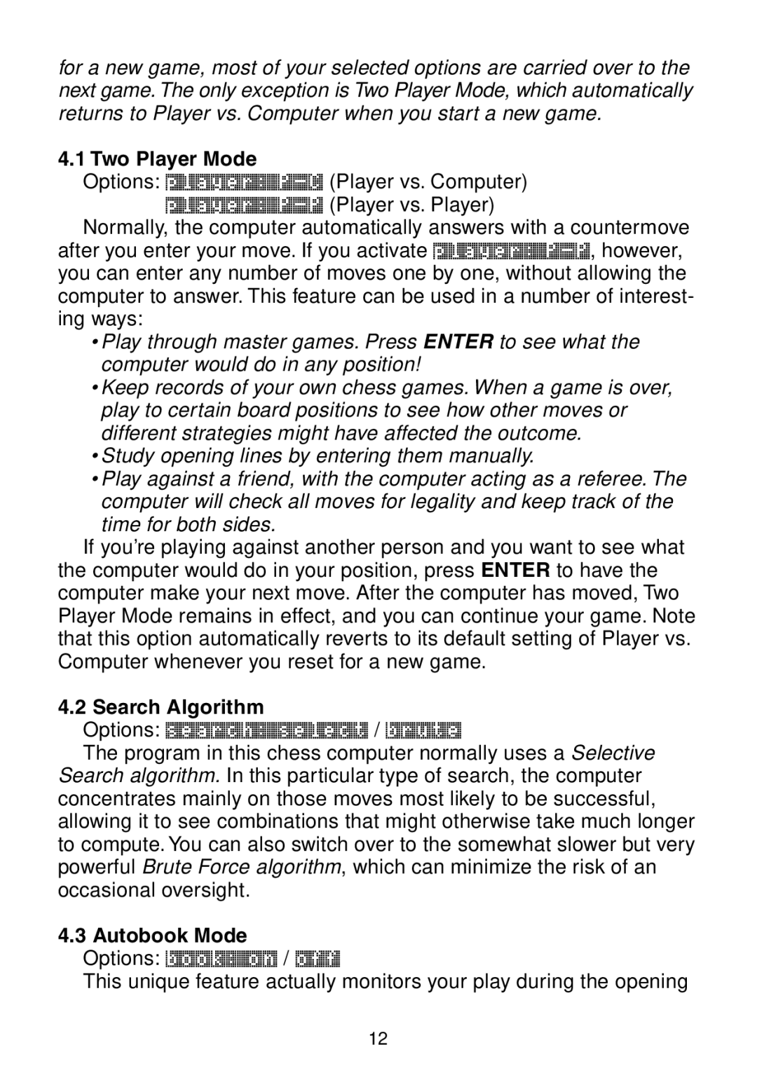 Saitek Maestro Travel Chess Computer manual Two Player Mode, Search Algorithm, Autobook Mode 