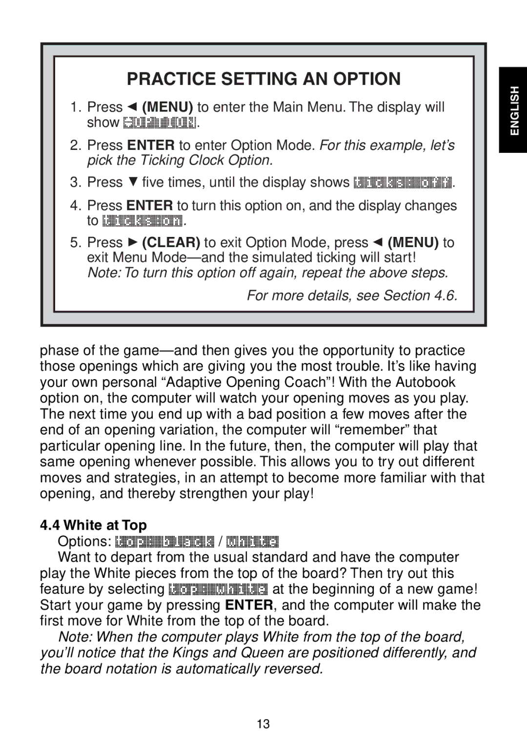 Saitek Maestro Travel Chess Computer manual Practice Setting AN Option, White at Top 