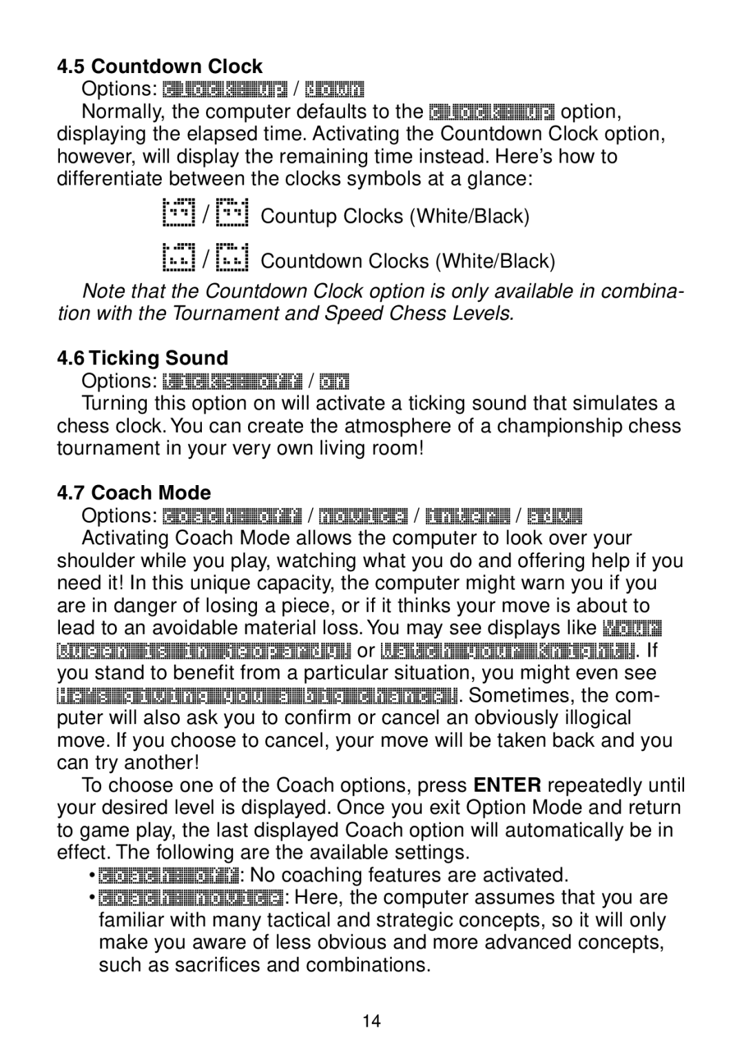 Saitek Maestro Travel Chess Computer manual Countdown Clock, Ticking Sound, Coach Mode 