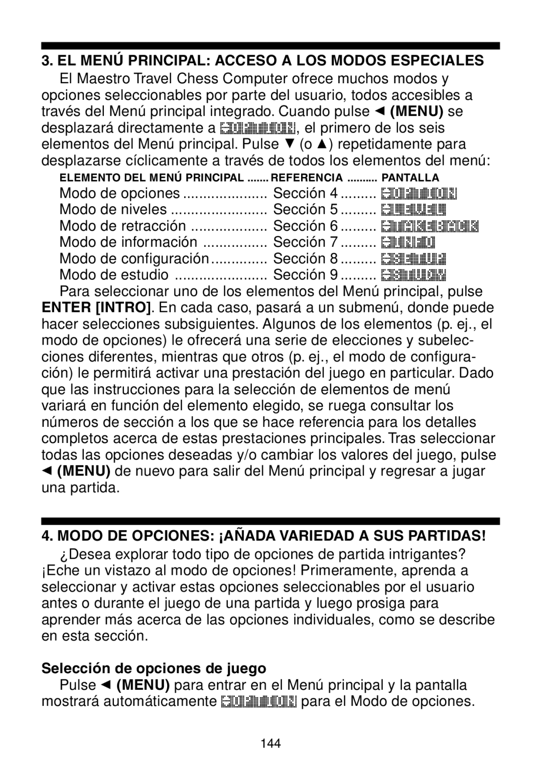 Saitek Maestro Travel Chess Computer manual EL Menú Principal Acceso a LOS Modos Especiales, Selección de opciones de juego 