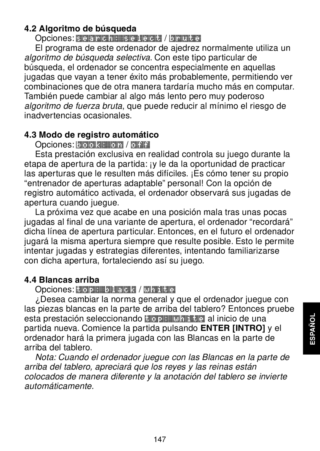 Saitek Maestro Travel Chess Computer manual Algoritmo de búsqueda, Blancas arriba 