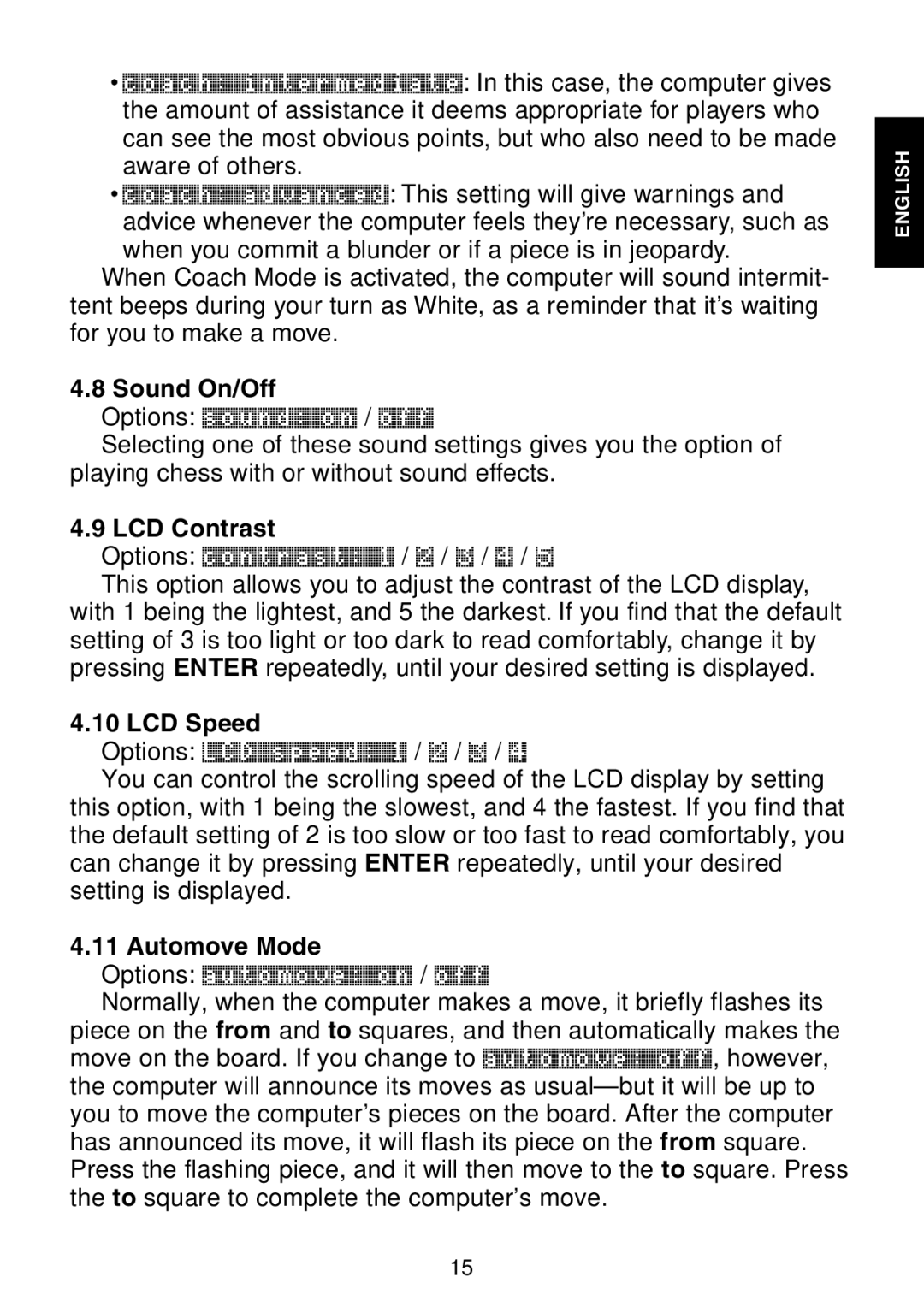 Saitek Maestro Travel Chess Computer manual Sound On/Off, LCD Contrast, LCD Speed, Automove Mode 