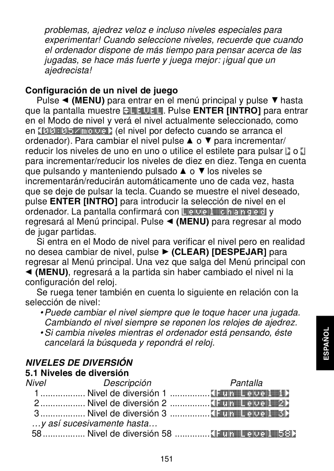 Saitek Maestro Travel Chess Computer manual Configuración de un nivel de juego, Niveles de diversión 