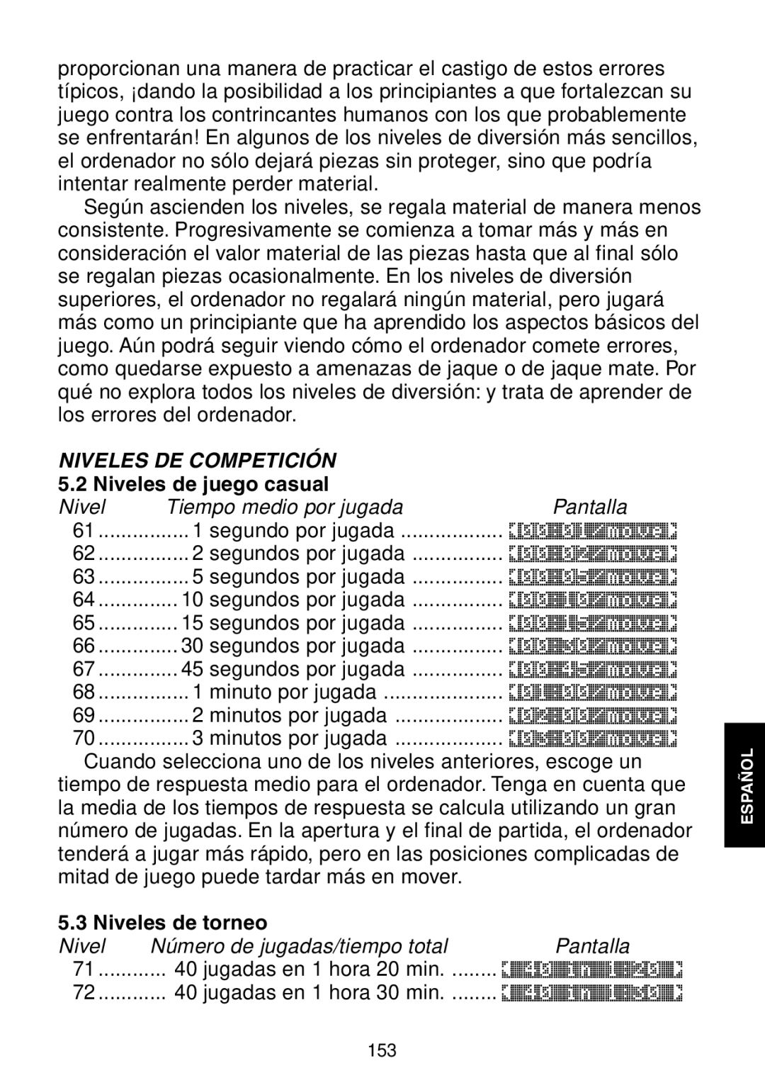 Saitek Maestro Travel Chess Computer manual Niveles de juego casual, Niveles de torneo 