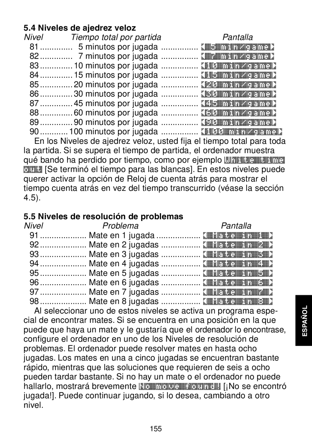 Saitek Maestro Travel Chess Computer manual Niveles de ajedrez veloz, Niveles de resolución de problemas 