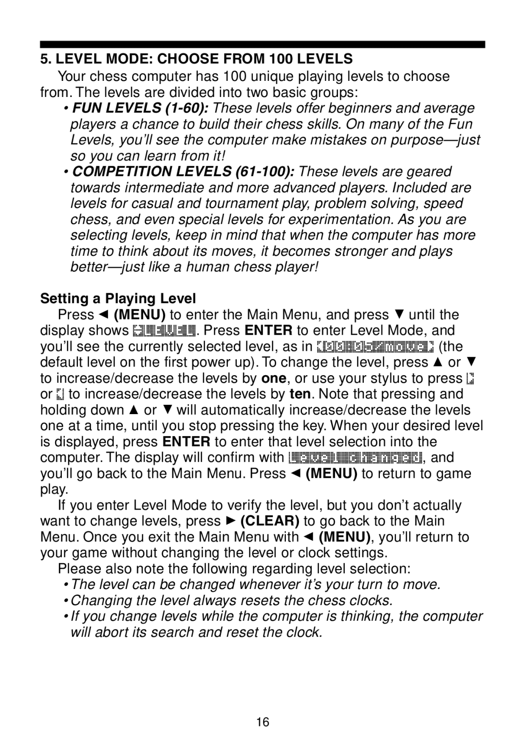 Saitek Maestro Travel Chess Computer manual Level Mode Choose from 100 Levels, Setting a Playing Level 