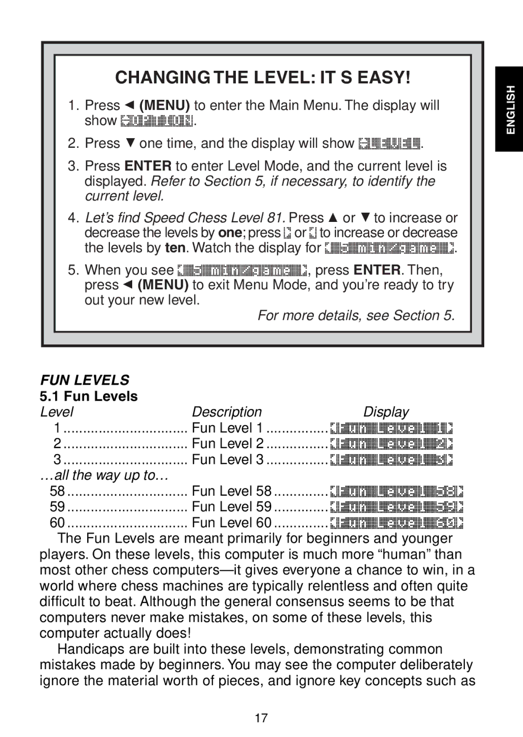 Saitek Maestro Travel Chess Computer manual Changing the Level IT’S Easy, Fun Levels, Level Description Display 