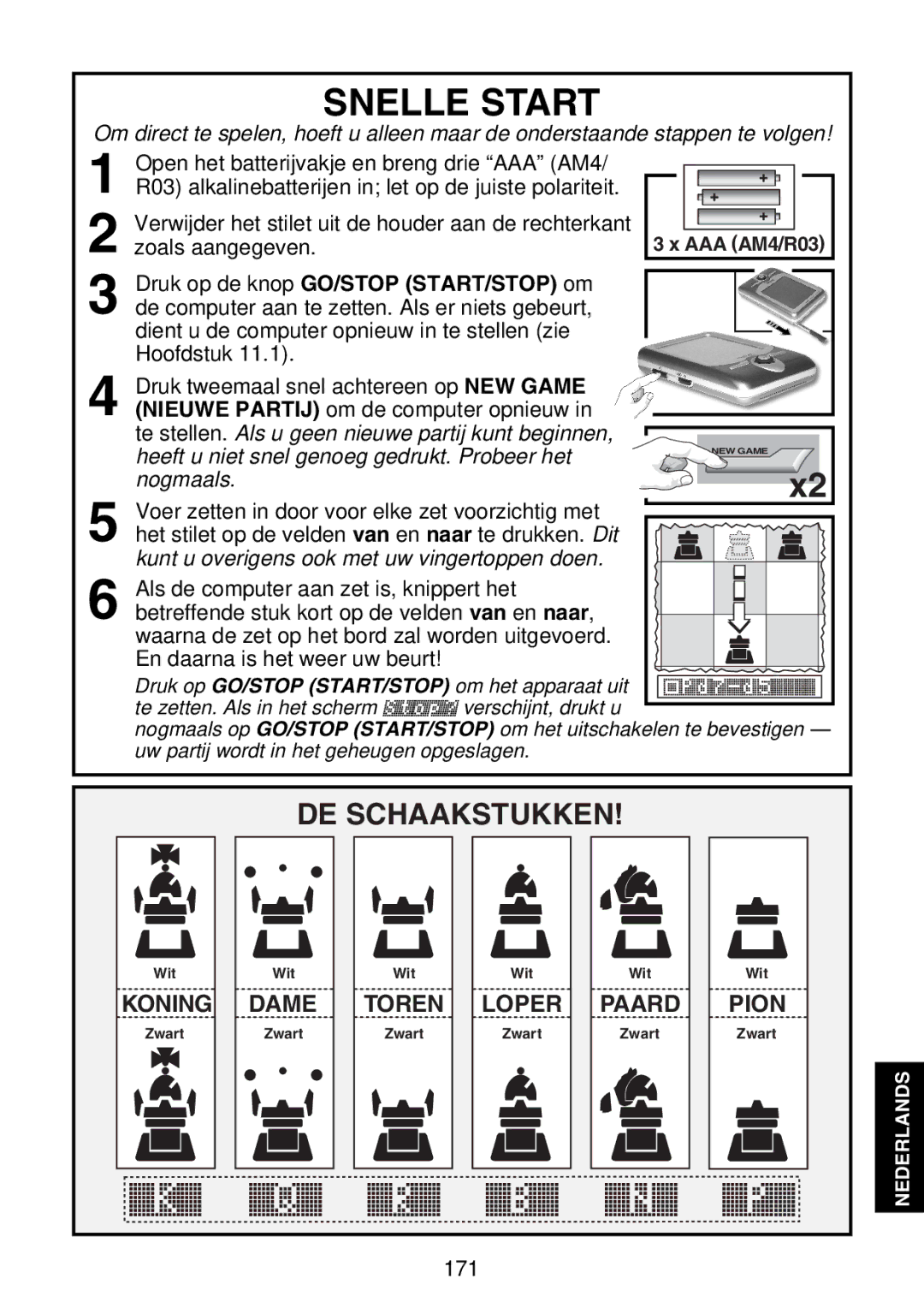 Saitek Maestro Travel Chess Computer manual Snelle Start, DE Schaakstukken 