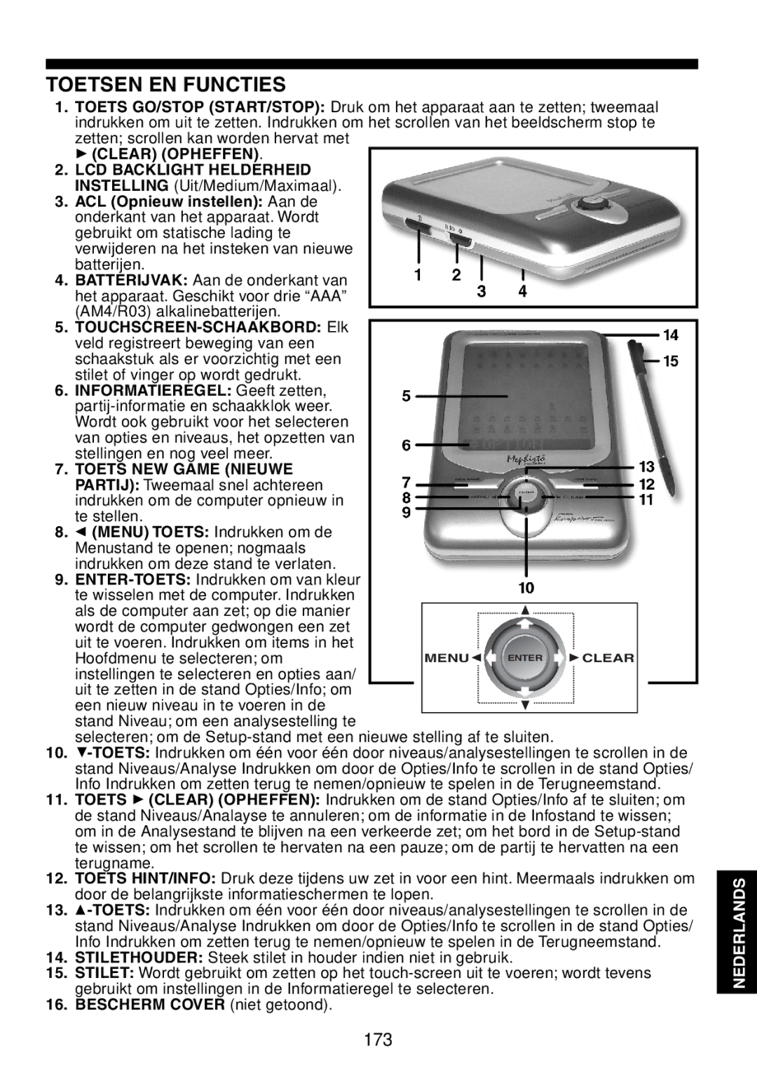 Saitek Maestro Travel Chess Computer manual Toetsen EN Functies, ‘ Clear Opheffen 