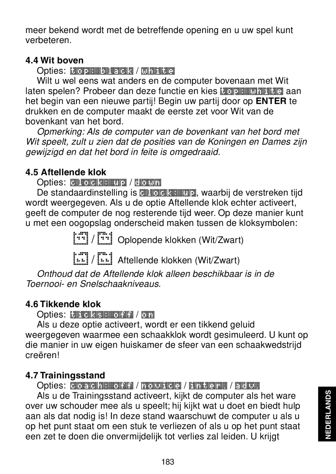 Saitek Maestro Travel Chess Computer manual Wit boven, Aftellende klok, Tikkende klok, Trainingsstand 