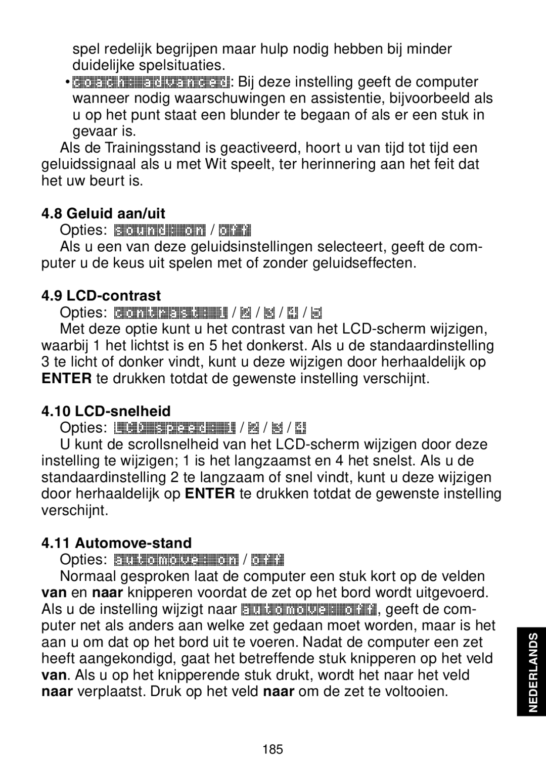 Saitek Maestro Travel Chess Computer manual Geluid aan/uit, LCD-contrast, LCD-snelheid, Automove-stand 