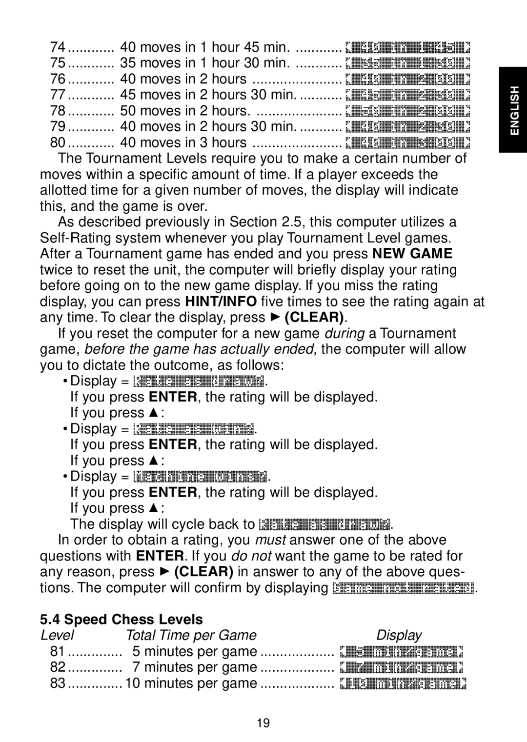 Saitek Maestro Travel Chess Computer manual Speed Chess Levels, Minutes per game 