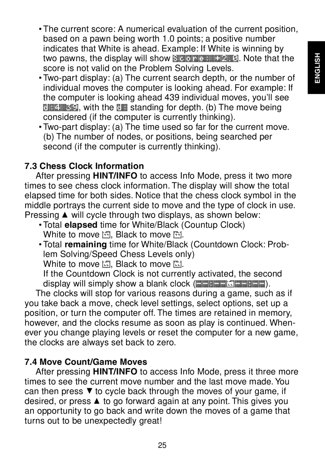 Saitek Maestro Travel Chess Computer manual Chess Clock Information, Move Count/Game Moves 